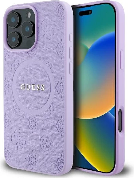 Mbështjellës Guess Saffiano Peony Classic Logo MagSafe për iPhone 16 Pro, Vjollcë