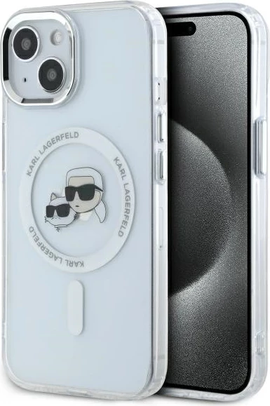 Mbështjellës Karl Lagerfeld IML Metal Karl&Choupette Head MagSafe për iPhone 15, Bardhë