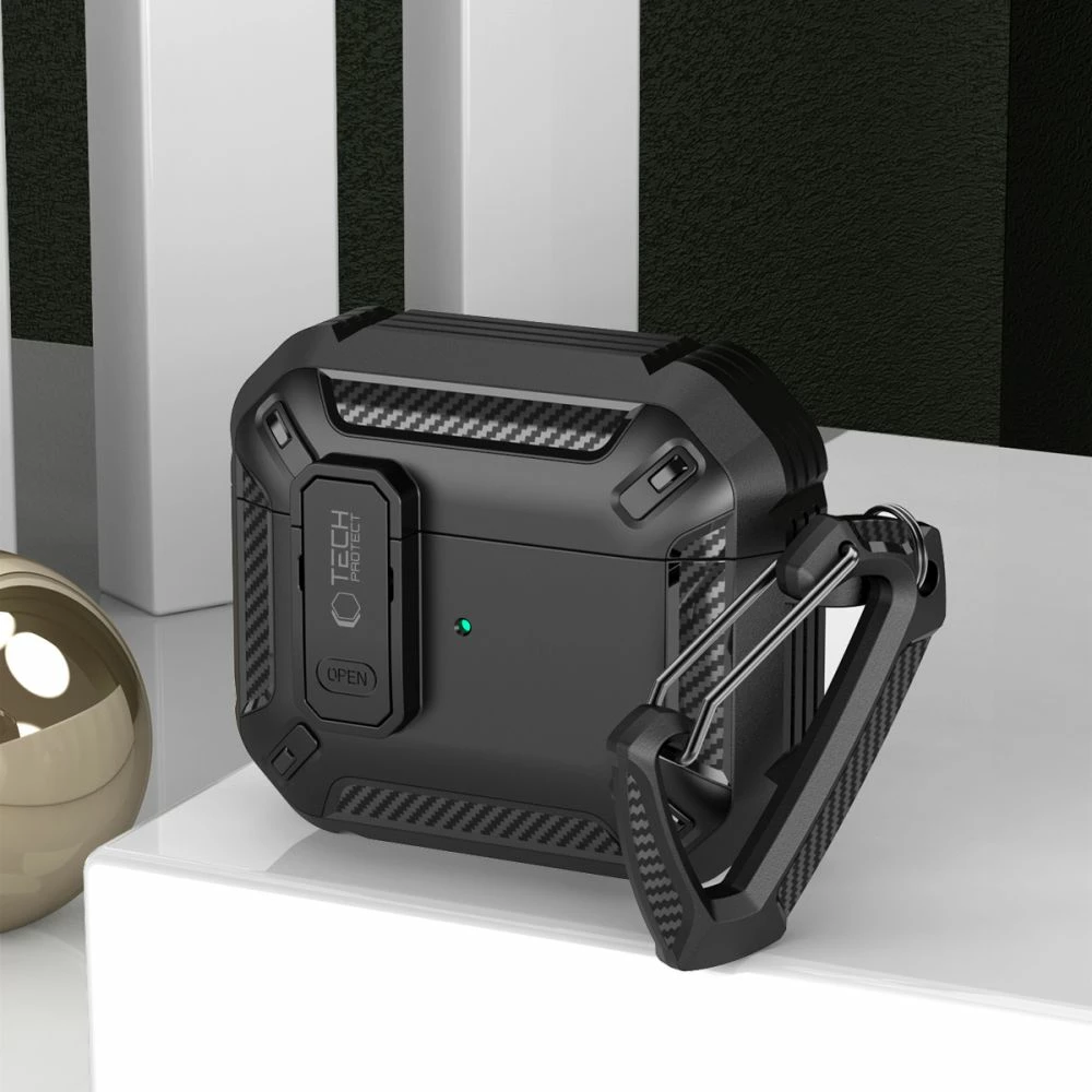 Mbështjellës Tech-Protect X-Carbo për AirPods Pro/Pro 2, me karabiner, i zi