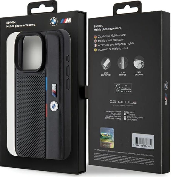 Mbështjellës BMW Perforated Tricolor Line për iPhone 15 Pro, i zi