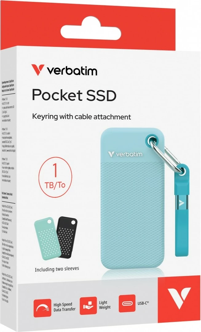 SSD i jashtëm, Verbatim, Pocket SSD Summer Edition 32324, 1TB, M.2, USB-C 3.2 Gen 2 deri 1000MB/s, blu, set me 2 kapakë gome/kabllo/varëse/çantë