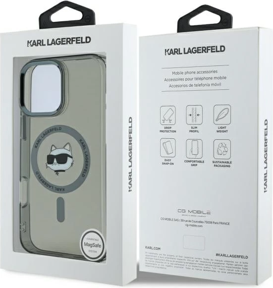 Mbështjellës Karl Lagerfeld IML Metal Choupette Head MagSafe për iPhone 16 Pro Max, Zi