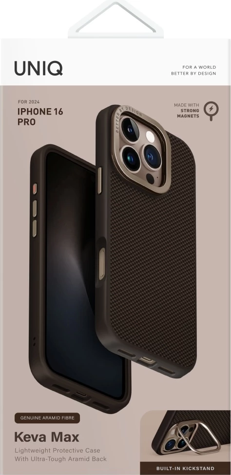 Mbështjellës UNIQ Keva Max Magclick me mbajtëse kamere për iPhone 16 Pro, Kafe