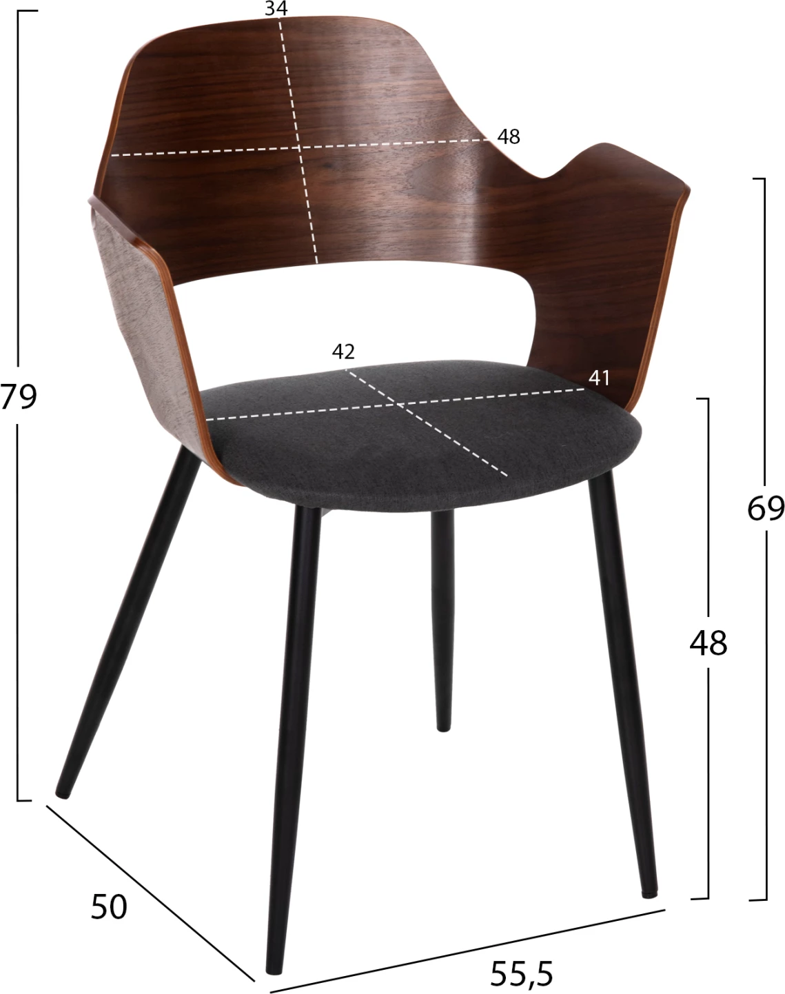 Karrige ngrënieje VELP FH9616.04 dru ngjyrë arre-gri pëlhurë-këmbë metali të zeza 55,5x50x79Hcm., set prej 2 copë