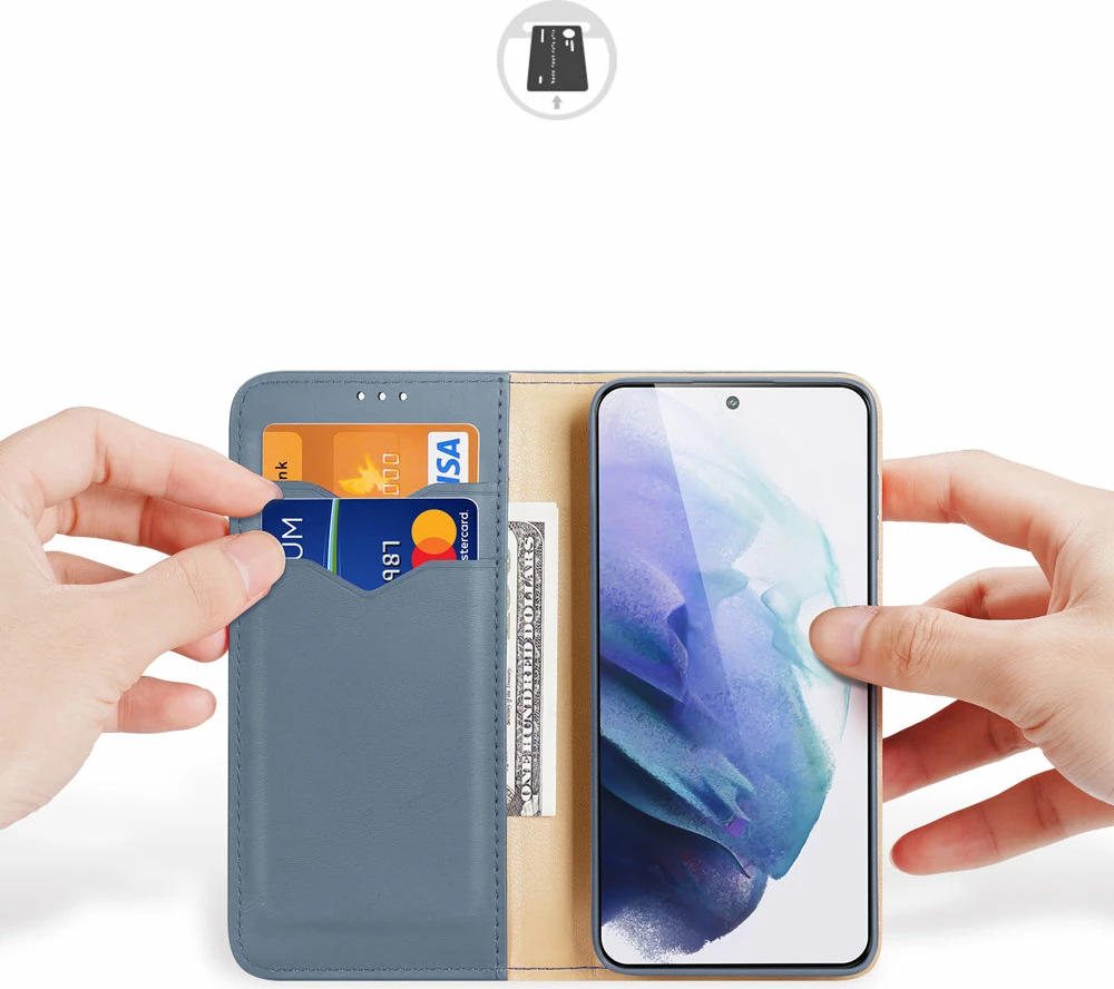 Mbështjellës Dux Ducis Hivo për Samsung Galaxy S22+, lëkurë natyrale, me xhepa për karta, Blu