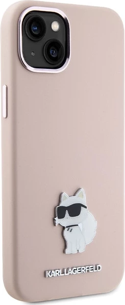 Mbështjellës Karl Lagerfeld Silicone Choupette Metal Pin për iPhone 15 Plus / 14 Plus, Rozë