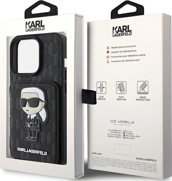 Mbështjellës Karl Lagerfeld Saffiano Cardslots & Stand Monogram Ikonik për iPhone 15 Pro, e zezë