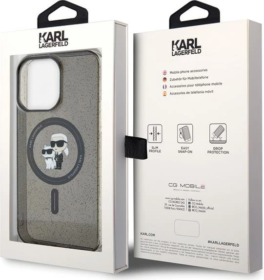 Mbështjellës Karl Lagerfeld Karl&Choupette Glitter MagSafe për iPhone 15 Pro Max, zi