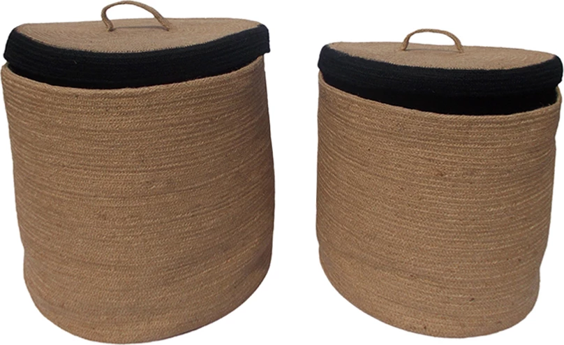 Set 2 shporta GOLU me kapak, 40x40x40cm, kashtë deti, natyrale/zezë