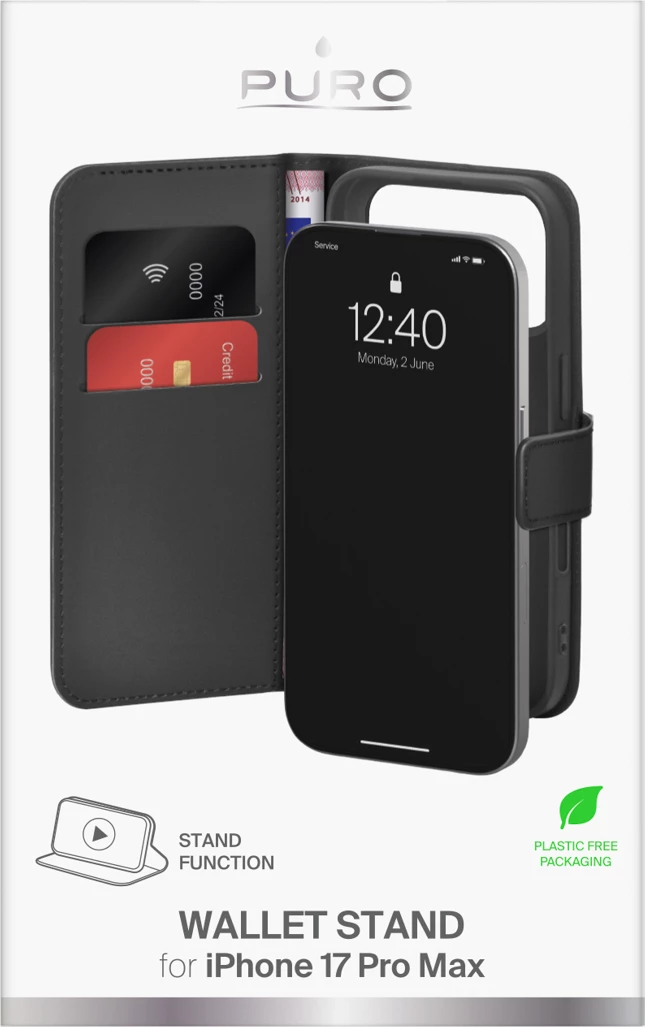 Mbështjellës Puro Wallet Stand për iPhone 17 Pro Max, lëkurë eko, me kapak, portofol dhe mbajtës, e zezë