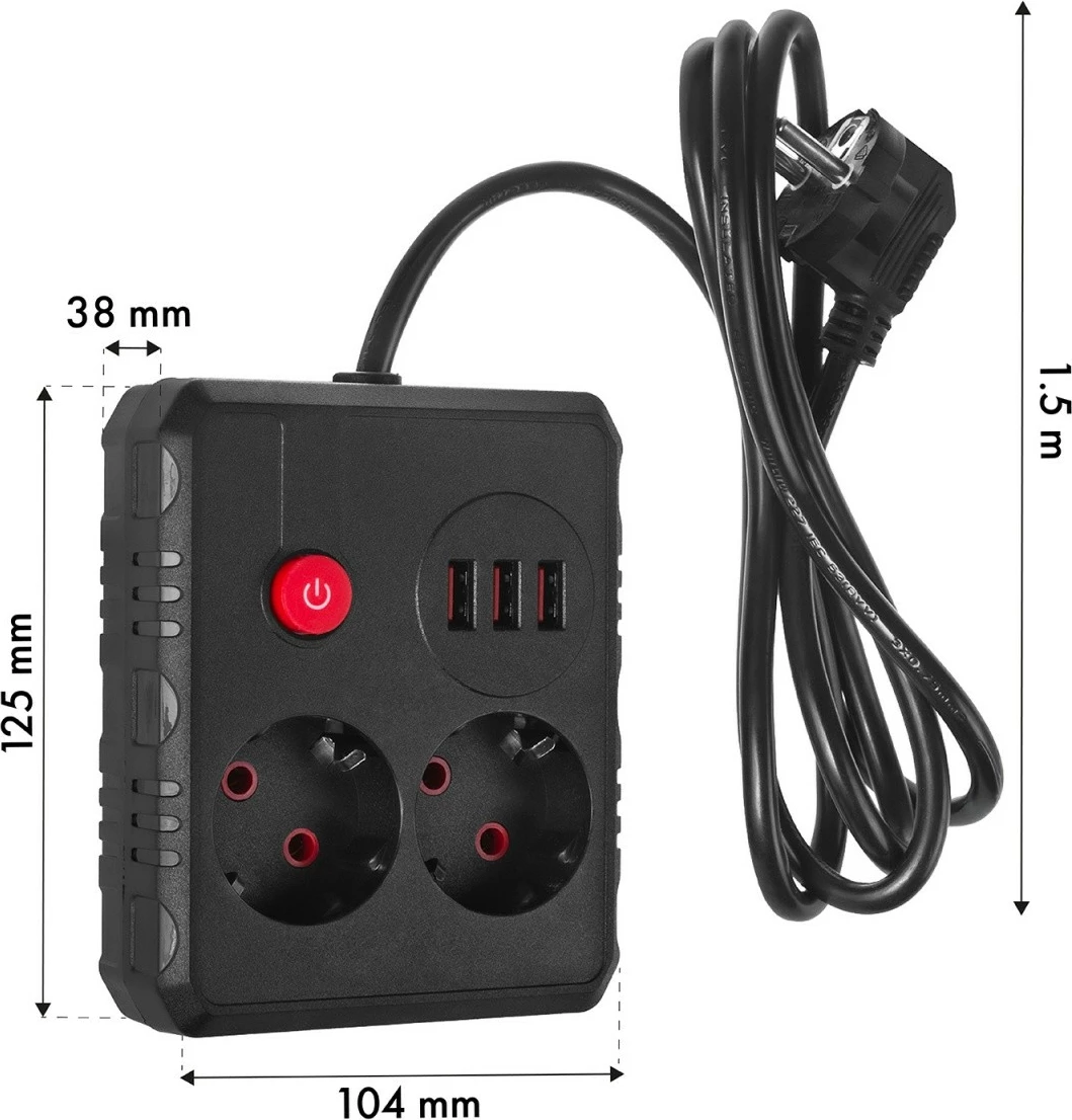 Prizë zgjatëse Maclean MCE387 B, 2 Schuko + 3 USB, 2500W, kabllo 1.5 m, me ndërprerës, e zezë