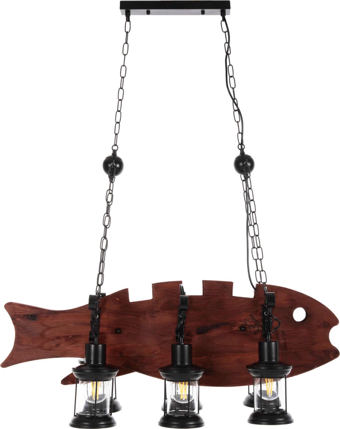 Llambë tavani me 6 drita, FH4118, dru, metal i zi, qelq, 95x35x116H cm