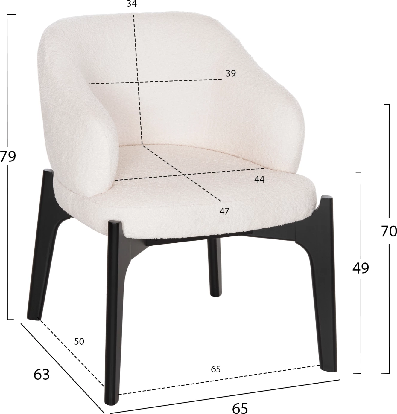Karrige për ngrënie ABAI FH9971.02 dru gome ngjyrë e zezë-stof boucle ngjyrë ecru 65x63x79Hcm., set prej 2 copash