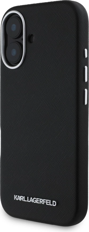 Mbështjellës Karl Lagerfeld Saffiano Full Wrapped Elongated Metal Logo MagSafe për iPhone 16, i zi