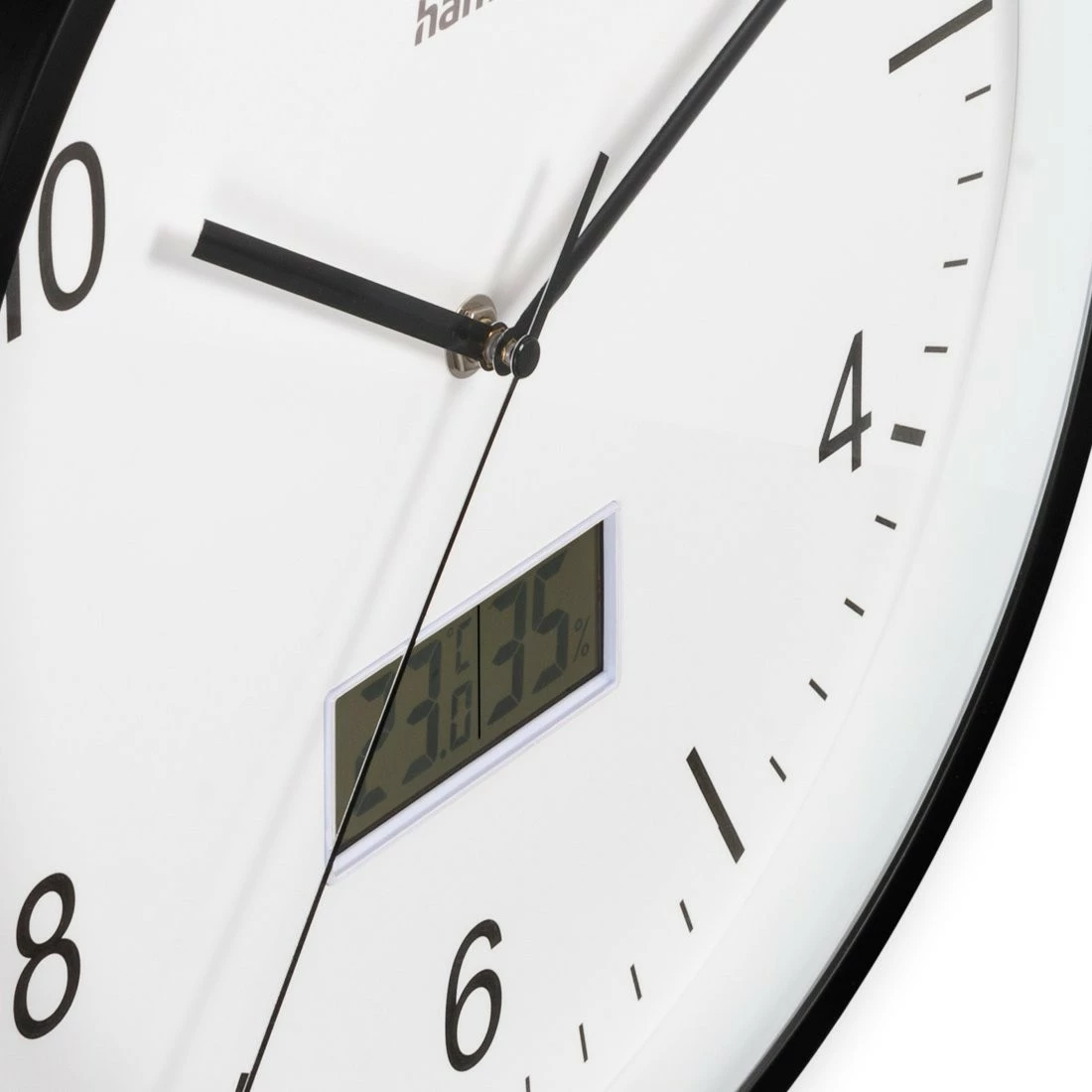 Orë muri, Hama, 185887, 30 cm, radio-kontroll DCF, mekanizëm i qetë, higrometër/termometër, xham, AA, e zezë/e bardhë