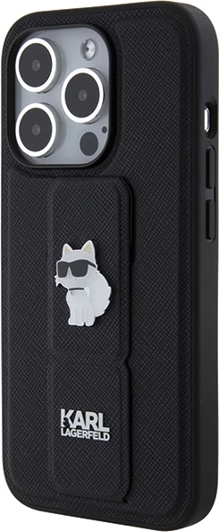 Mbështjellës Karl Lagerfeld Gripstand Saffiano Choupette Pins për iPhone 14 Pro, i zi