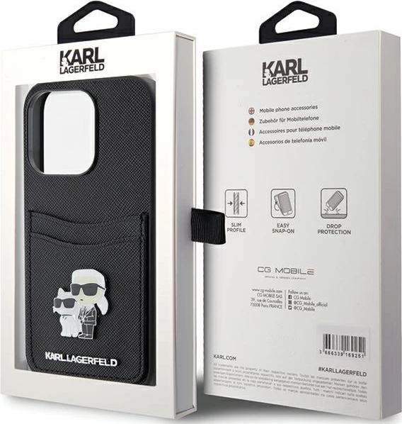 Mbështjellës Karl Lagerfeld Saffiano Cardslot Karl&Choupette Metal Pin për iPhone 15 Pro, i zi