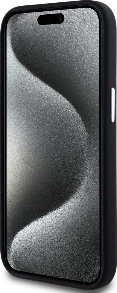 Mbështjellës Karl Lagerfeld Silicone Metal Script Logo për iPhone 15, i zi