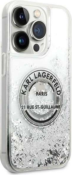 Mbështjellës Karl Lagerfeld Liquid Glitter RSG për iPhone 14 Pro Max 6.7", argjendtë