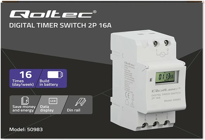 Programator kohor elektronik për shinë DIN, Qoltec 50983, 7 ditësh, 16 programe, bateri e integruar, 16A/3600W, i bardhë