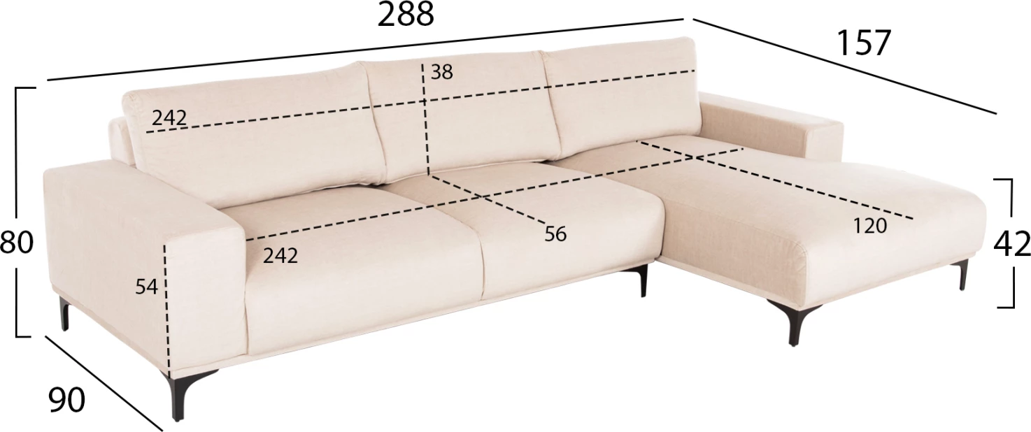 Divan qoshe (djathtas) NOA FH3278.01R pëlhurë ecru 288x90-157x67-80H cm