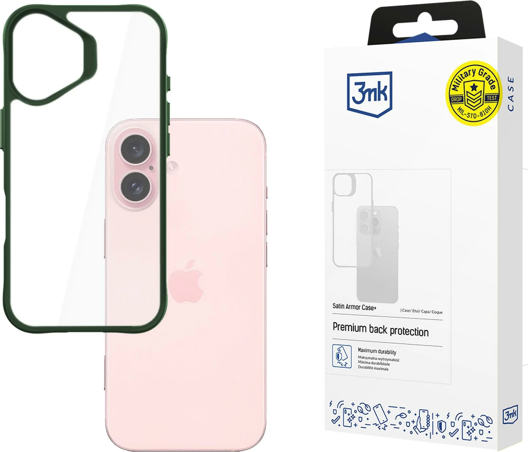 Mbështjellës 3mk Protection Satin Armor Case+ për iPhone 16, Transparent me kornizë të gjelbër