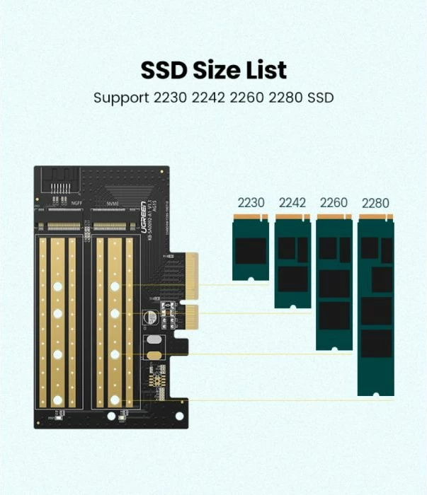 Kartë zgjerimi PCIe për M.2 SSD, UGREEN 70504, PCIe 3.0 x4, NVMe/SATA, 2230-2280, set me aksesorë