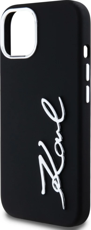 Mbështjellës Karl Lagerfeld Silicone Metal Script Logo për iPhone 15, i zi