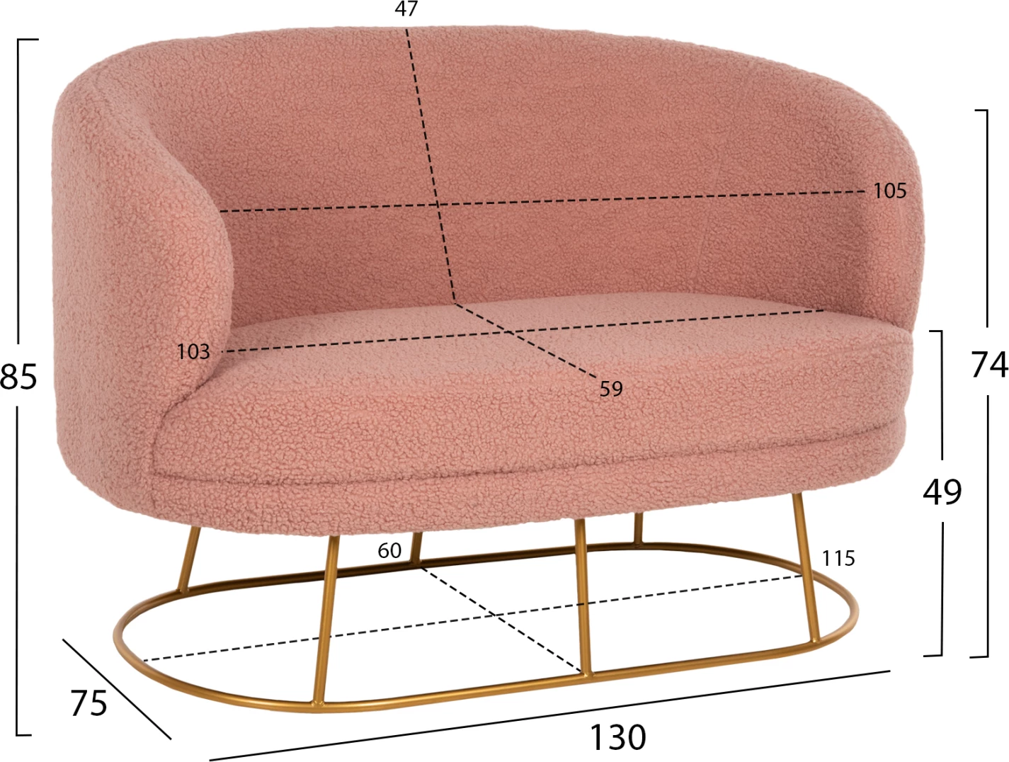 Divan 2-vendësh ARIEN FH8492.22 ngjyrë rozë e zbehtë boucle dhe bazë metali ari 130x75x85Hcm