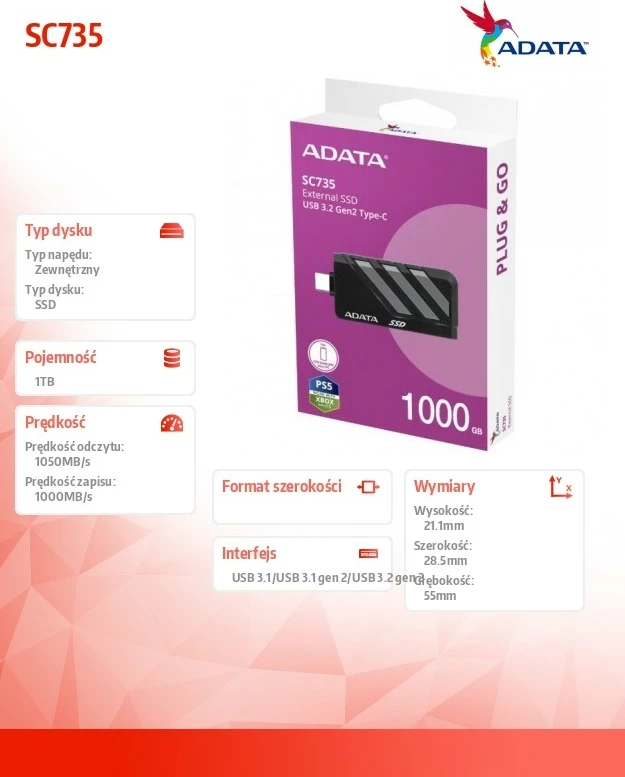 SSD i jashtëm Adata SC735, 1TB, USB 3.2 Gen2 Type-C, Zi/Gri