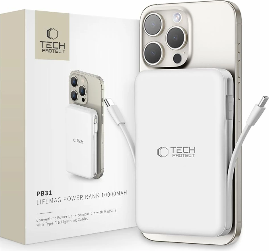 Power bank Tech-Protect LifeMag PB31, 10000mAh, MagSafe, USB-C/USB-A/Lightning, Bardhë