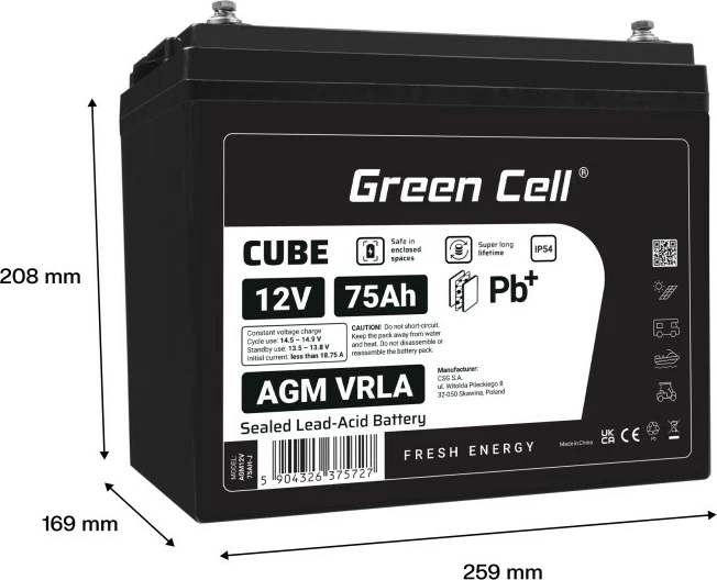 Bateri AGM VRLA Green Cell AGM12V75AH-J 12V 75Ah IP54 e zezë