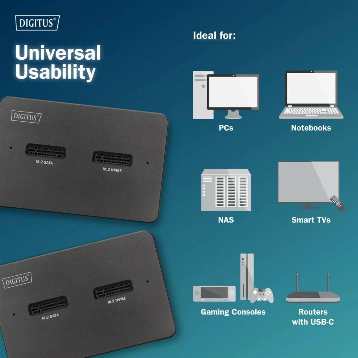 Dok USB-C 3.2 Gen2, Digitus DA-71546-1, për M.2 NVMe & SATA (2 slote, deri 2x 4 TB) me lexues SD-Express 7.1 (deri 2 TB), e zezë