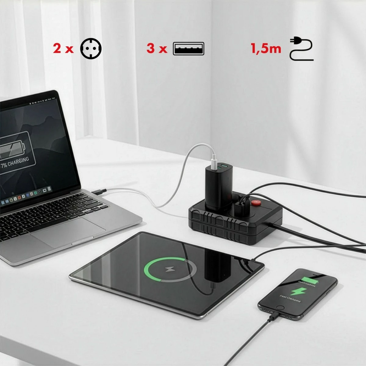 Prizë zgjatëse Maclean MCE387 B, 2 Schuko + 3 USB, 2500W, kabllo 1.5 m, me ndërprerës, e zezë