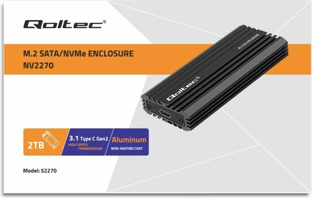 Kasë Qoltec NV2270 për SSD M.2 SATA/NVMe, USB-C, 2TB, e zezë