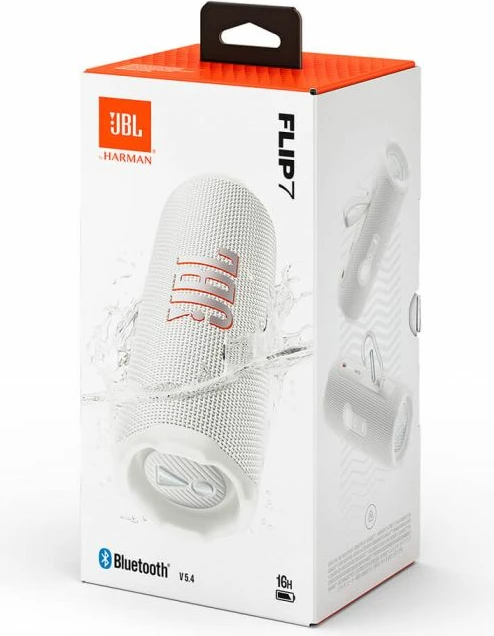 Altoparlant portativ Bluetooth JBL Flip 7 (JBLFLIP7WHT), 35W RMS, IP68, deri 16 orë, bardhë, me rrip dore + karabiner