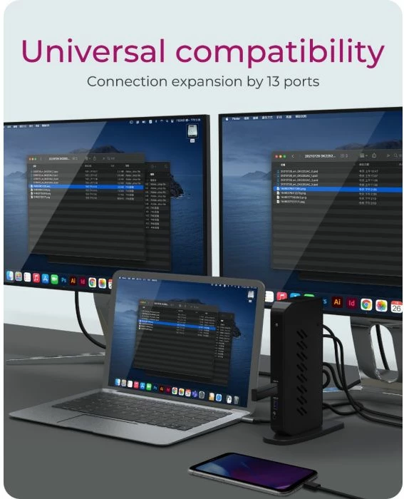 Stacion dokimi USB-C/A ICYBOX IB-DK2252AC 12-në-1 DisplayLink, 2x HDMI + 2x DisplayPort 4K@60Hz, 6x USB 3.0, PD 65W, Ethernet Gigabit, i zi