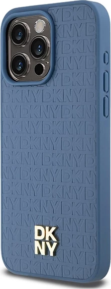 Mbështjellës DKNY Leather Monogram Pattern Metal Logo MagSafe për iPhone 15 Pro Max, Kaltër