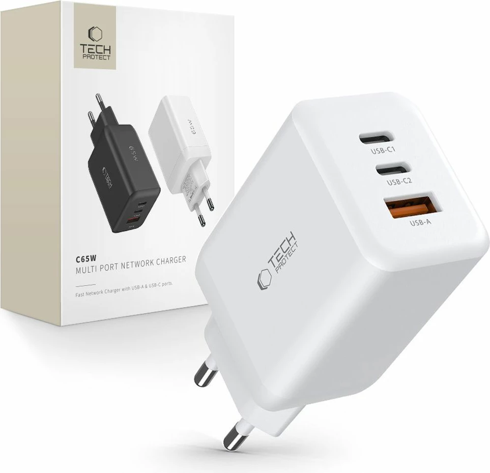 Karikues rrjeti Tech-Protect C65W, 2x USB-C PD 65W / USB-A QC 3.0, Bardhë