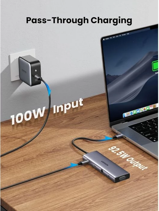 Hub USB-C UGREEN 15601 10-në-1, HDMI 4K + VGA 1080p, Ethernet 1Gbps, PD 100W, gri e errët