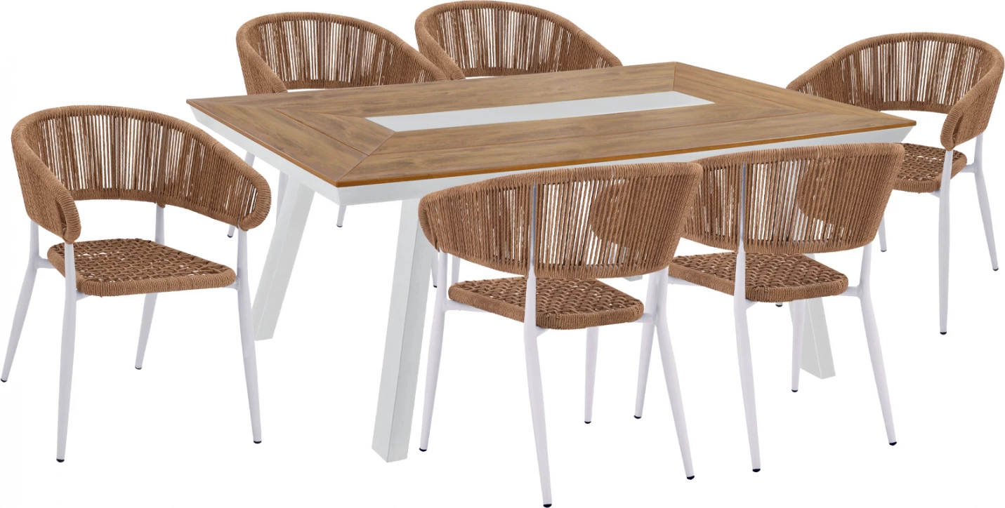 Set për darkë 7 copë me tavolinë polywood 200x94 dhe karrige të bardha FH11425