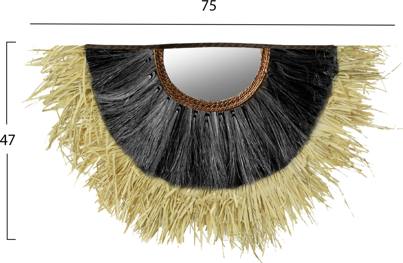 Pasqyrë muri gjysmë-rrethore me fibra sisali dhe abaka, ngjyrë natyrale-e zezë, 85x3x50Hcm, FH7799