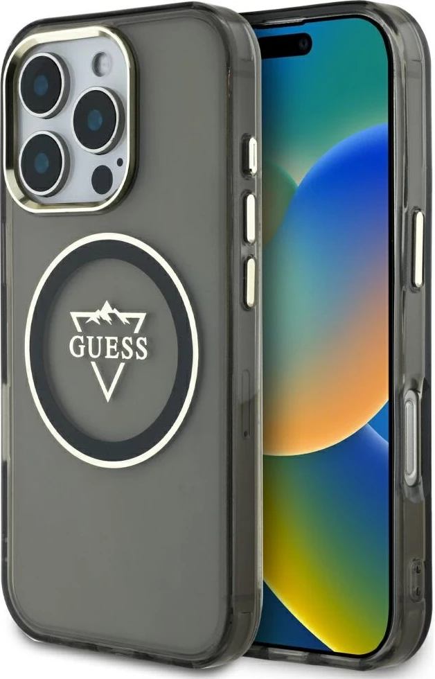 Mbështjellës Guess IML Metal Mountain Logo MagSafe për iPhone 16 Pro Max, zi