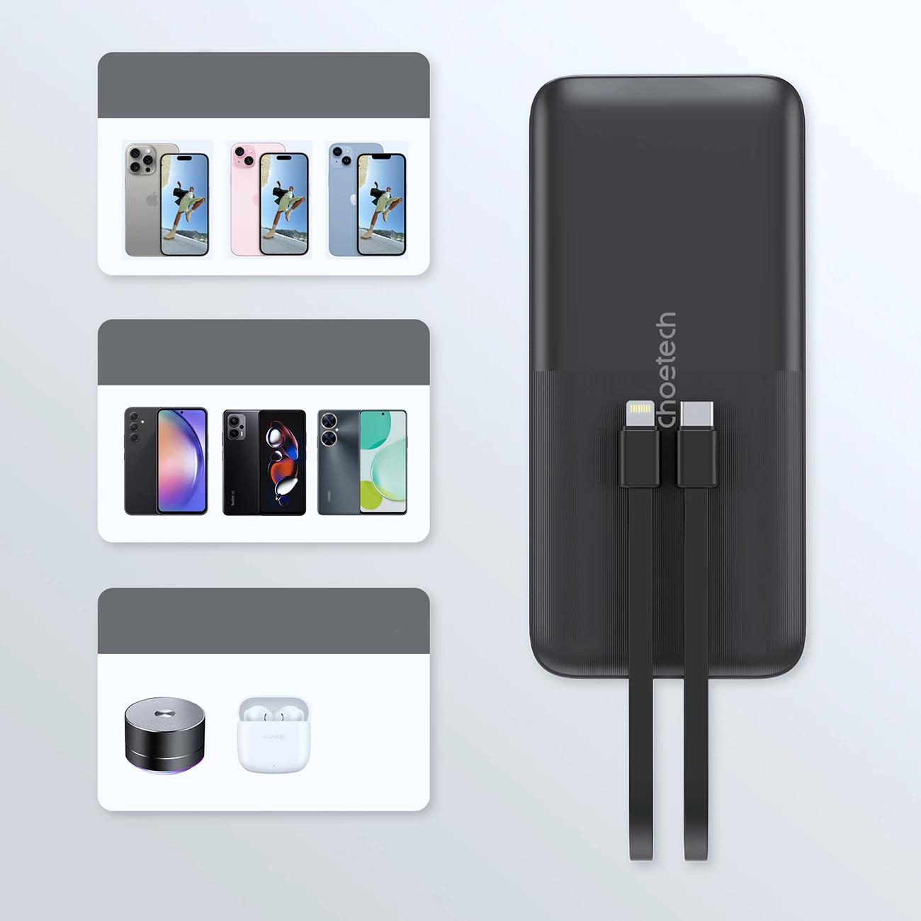 Powerbank Choetech B654, 10000mAh, 22.5W, USB-A/USB-C/micro USB, kabllo të integruara USB-C/Lightning, e zezë