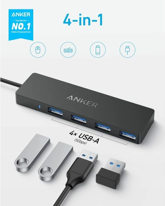 Hub USB-C ANKER Ultra Slim A8309G11, 4-port USB-A, 5 Gbps, kabllo 20 cm, i zi