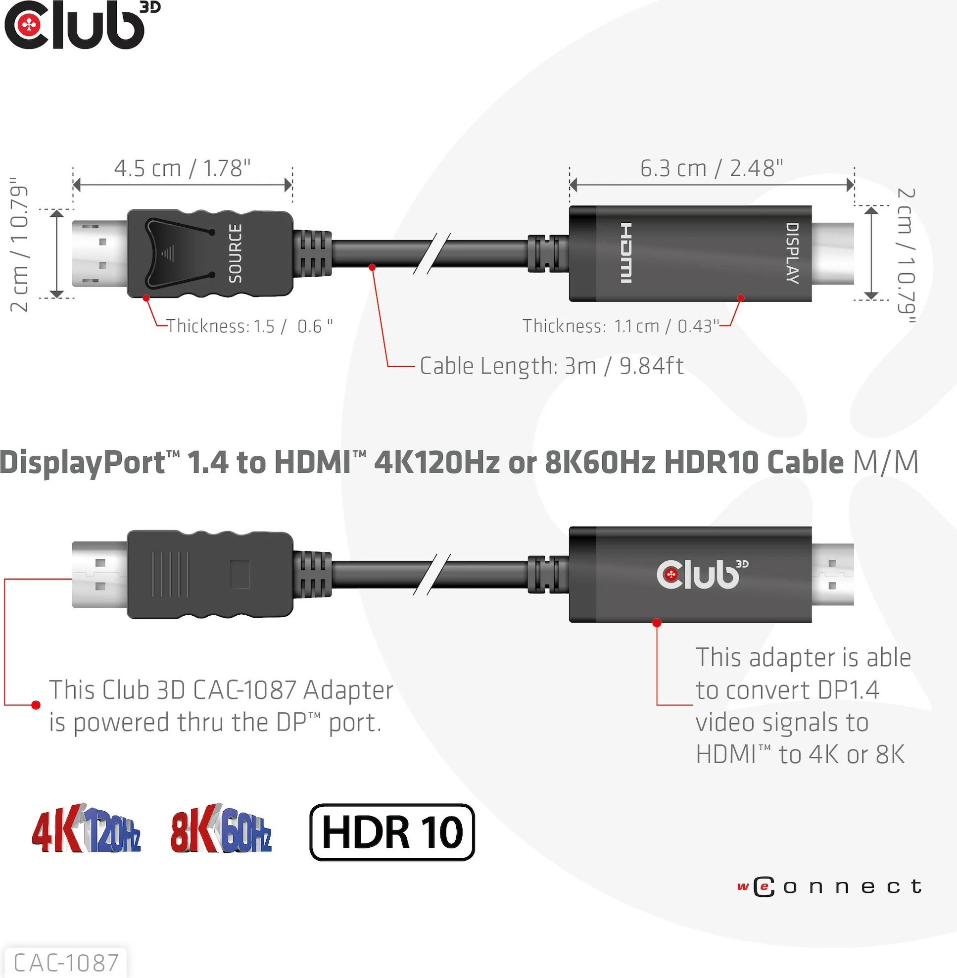 Kabllo DisplayPort në HDMI Club3D 3m, HDR10, 8K, e zezë