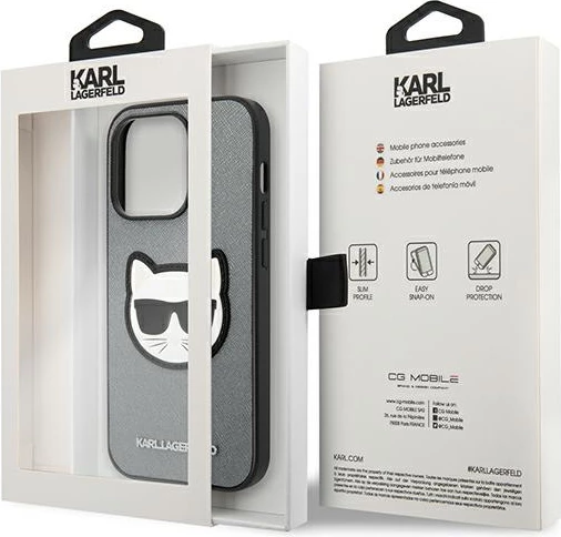Mbështjellës Karl Lagerfeld KLHCP14XSAPCHG për iPhone 14 Pro Max 6.7", Saffiano Choupette, Argjendtë