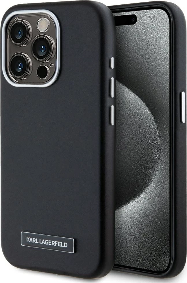 Mbështjellës Karl Lagerfeld FW Metal Plate MagSafe për iPhone 15 Pro Max, i zi
