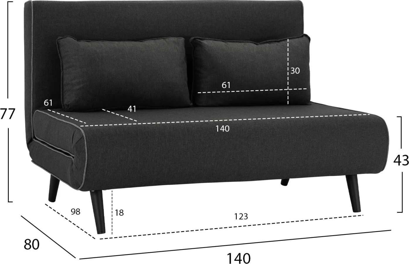 Krevati-sofë për 2 persona, material tekstili, ngjyrë gri e errët, ASMA FH3077.03, 140x80x77cm
