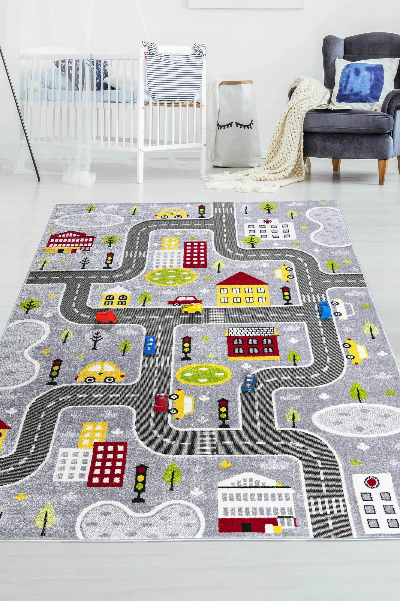 Qilim për fëmijë, model rrugësh, gri, 140x200cm
